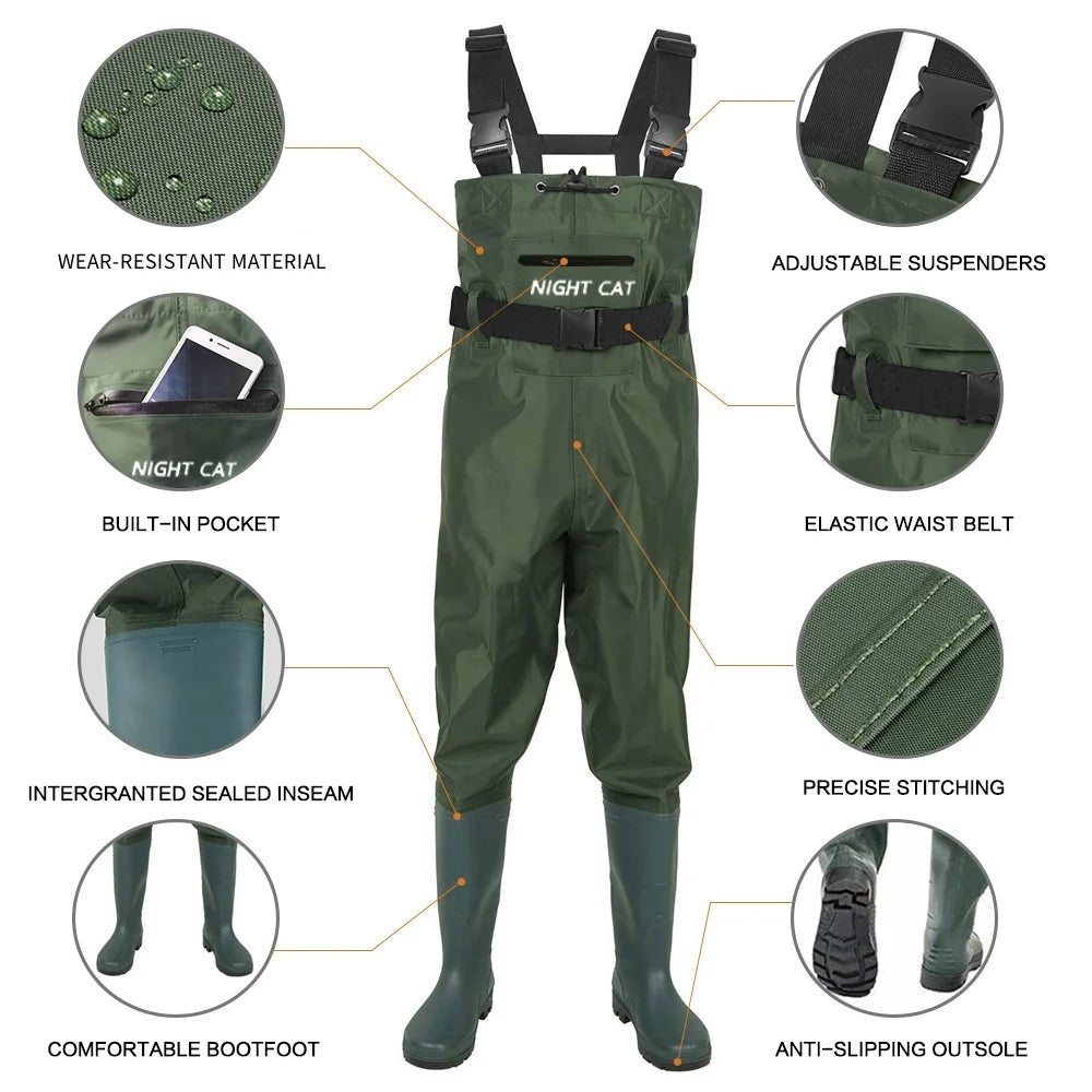 Night Cat Waterproof Fishing Waders With Breathable Nylon Boots And Belt